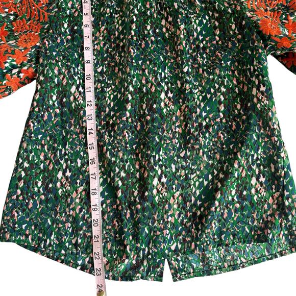 THML Say It All Green Floral Blouse Orange Embroidered Puff Sleeves Size XS - Picture 8 of 10